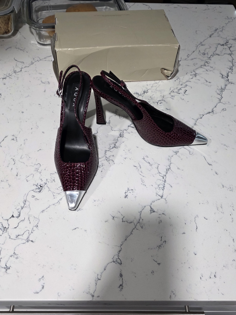 Aqua Burgundy Slingback Pointed Heels with Silver Cap